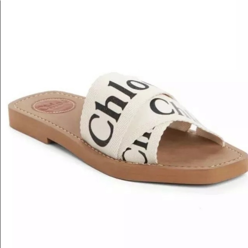 Chloe Woody Flat Logo Ribbon Slide White Sandals size 37